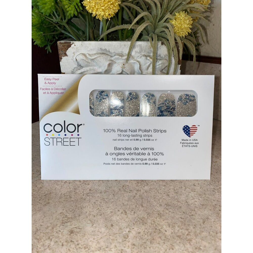 Color Street 100% Real Nail Polish Strips Glitter Silver & Blue Design 16 Long-L